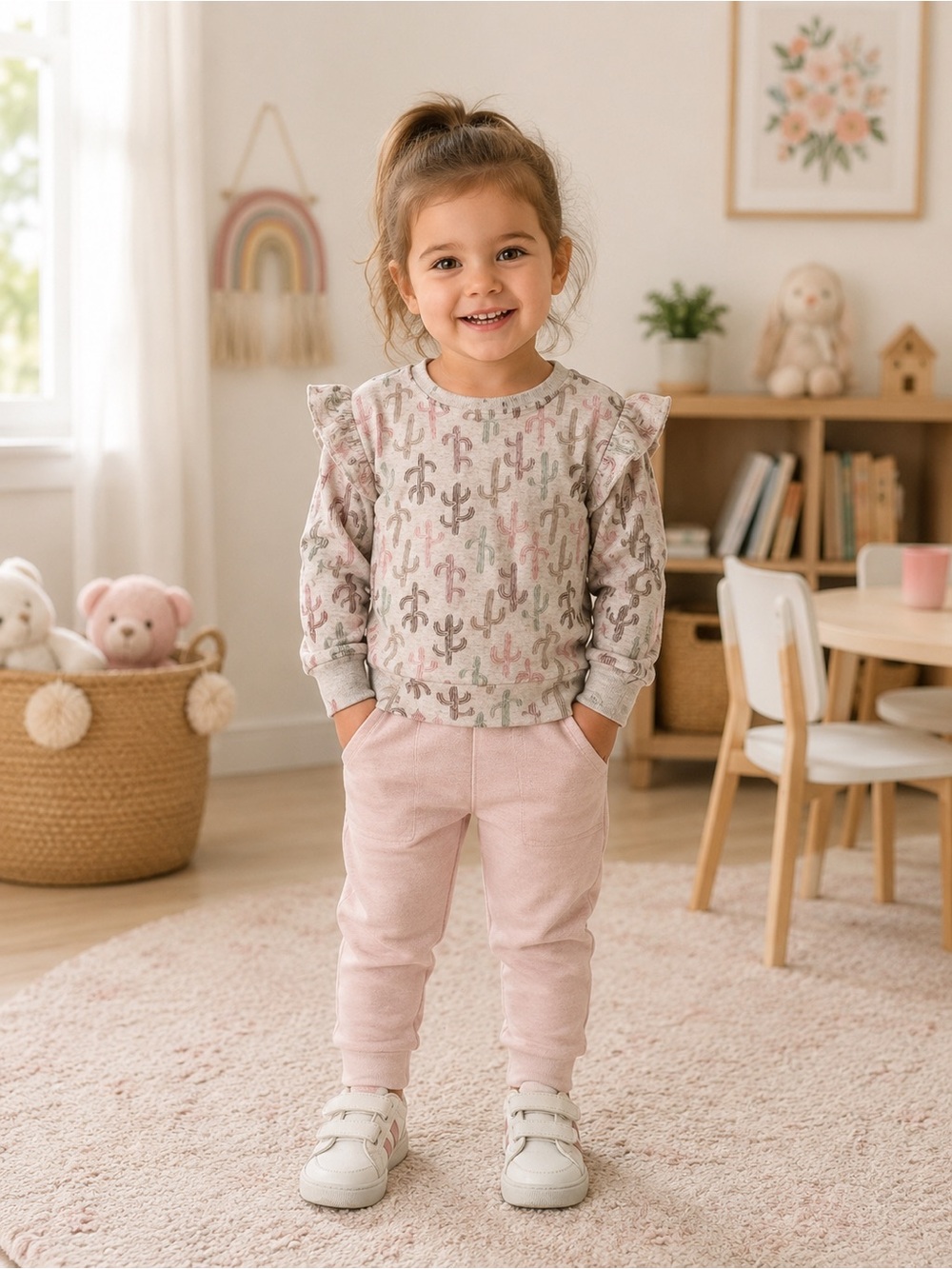 Limited Too Girls Cactus Graphic Boho Sweatshirt Top Ruffle Shoulder Pullover 3T